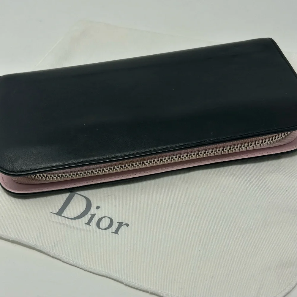 Dior Chevron Sequin Zip Around Long Wallet Black Leather Pink Interior Authentic